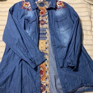 Blue jean button up Aztec shirt